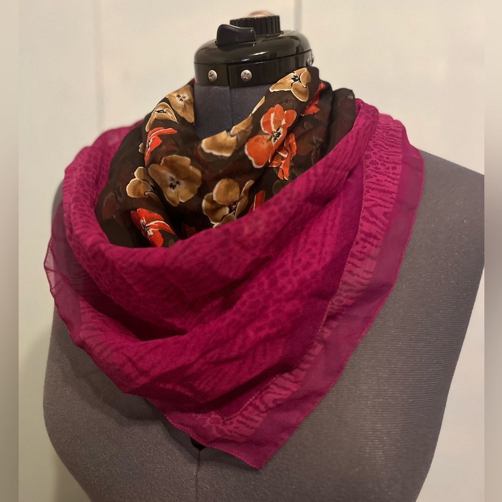 Casual Corner Silk Square Brown Floral And Magenta Animal Print Scarfs